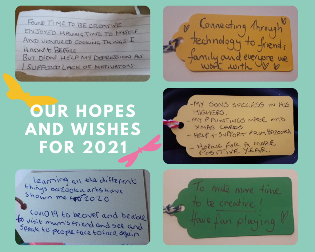 Photographs of Bazooka Participants' handwritten hopes and wishes for 2021. 5 images of labels or tags with hopes and dreams. 