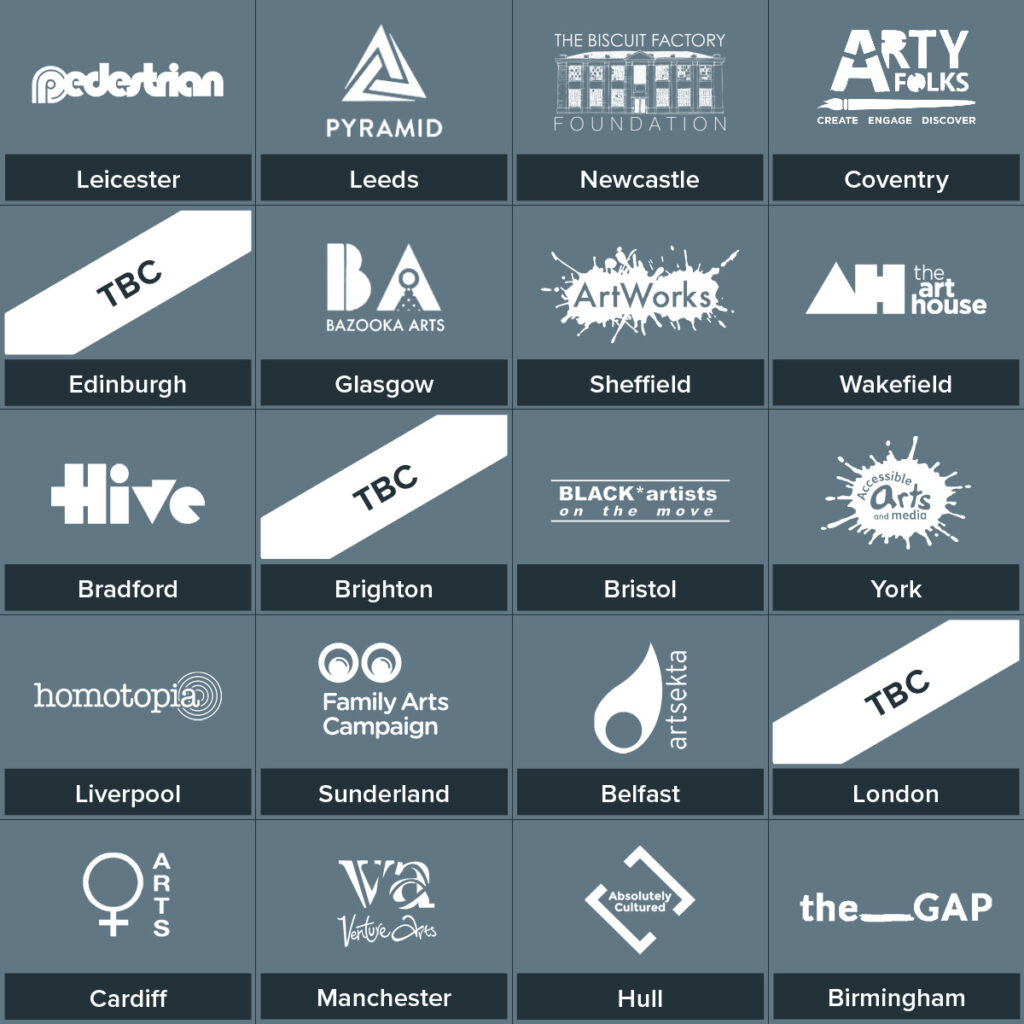 White logos of the 20 arts charities involved in Secret Dishes From Around the World 3 on a blue background. 