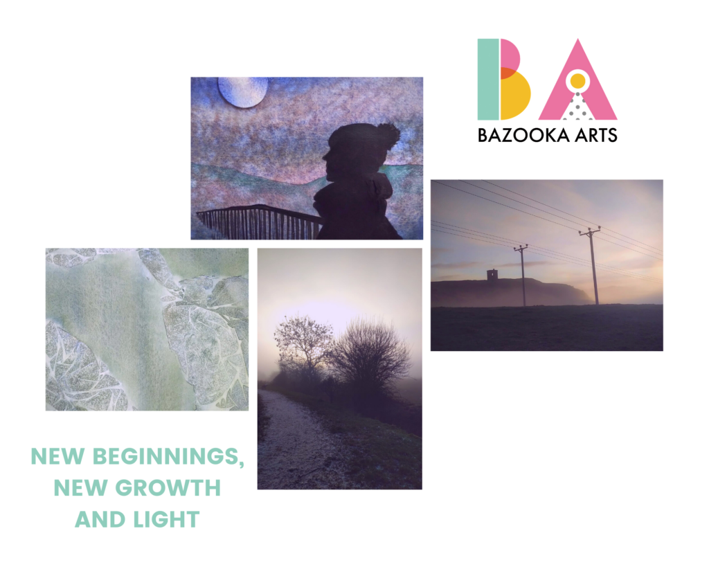 Four grouped images showing different aspects of nature - a silhouette of a woman at a fence with a moon, dusk skies and close up images of ice.